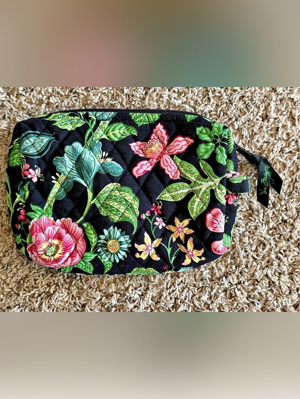 Vintage Vera Bradley Cosmetic Bag in New Hope Floral Black & Green